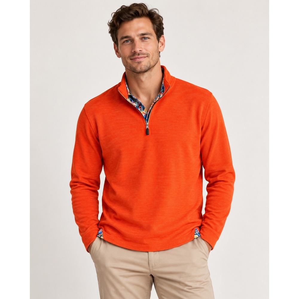Tommy Bahama Mens Orange Textured Waffle Knit Quarter Zip Pullover Sweater M